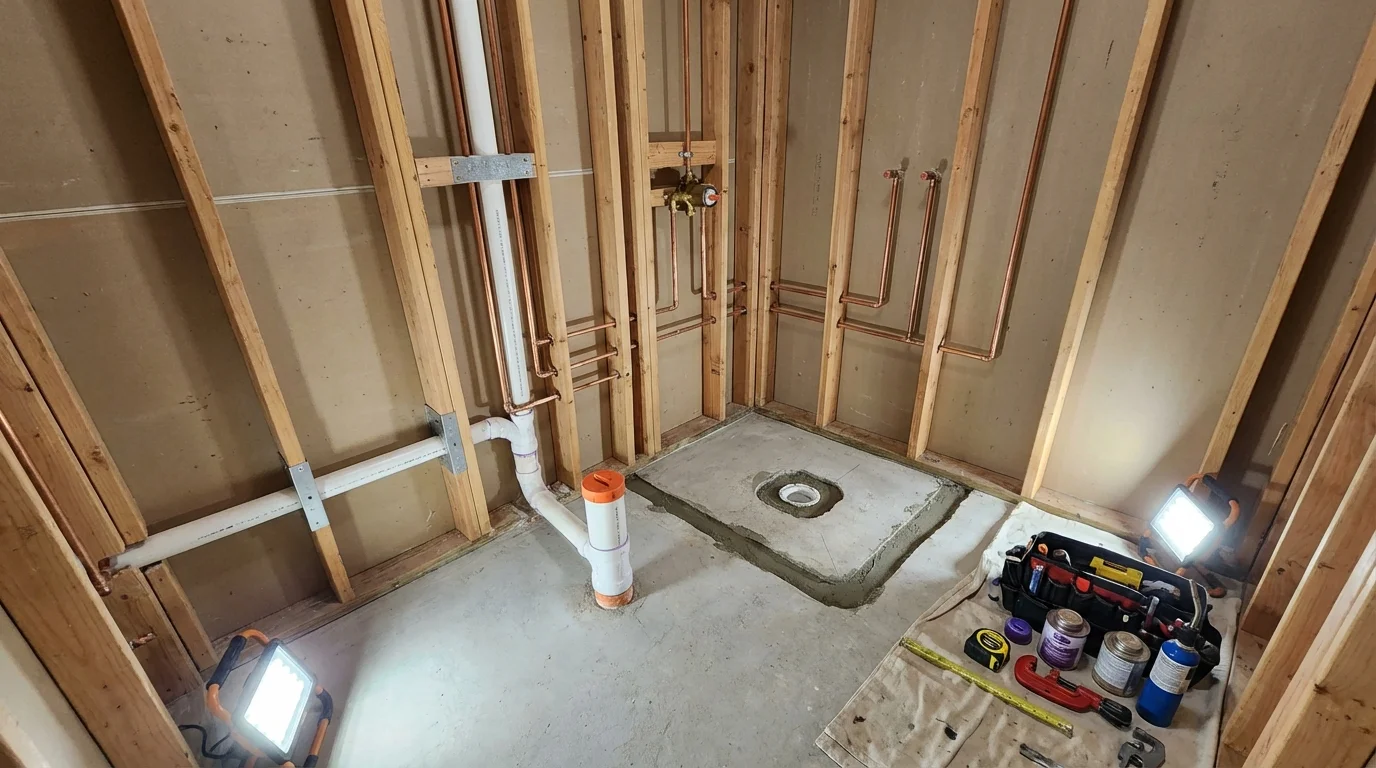 Bathroom rough-in plumbing during remodel by Johns Plumbing LLC in Howard City