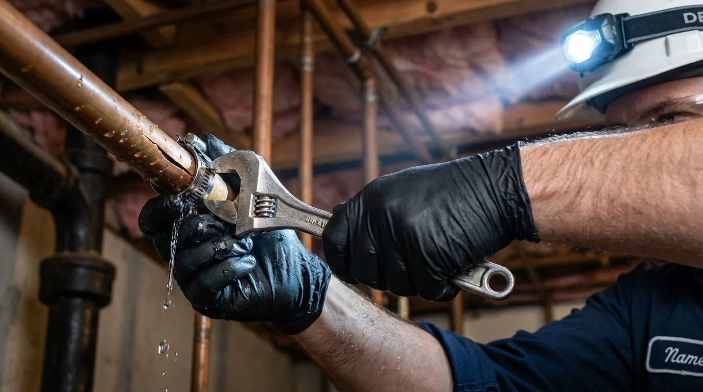 Emergency pipe clamp repair being performed by a Johns Plumbing LLC plumber in Howard City
