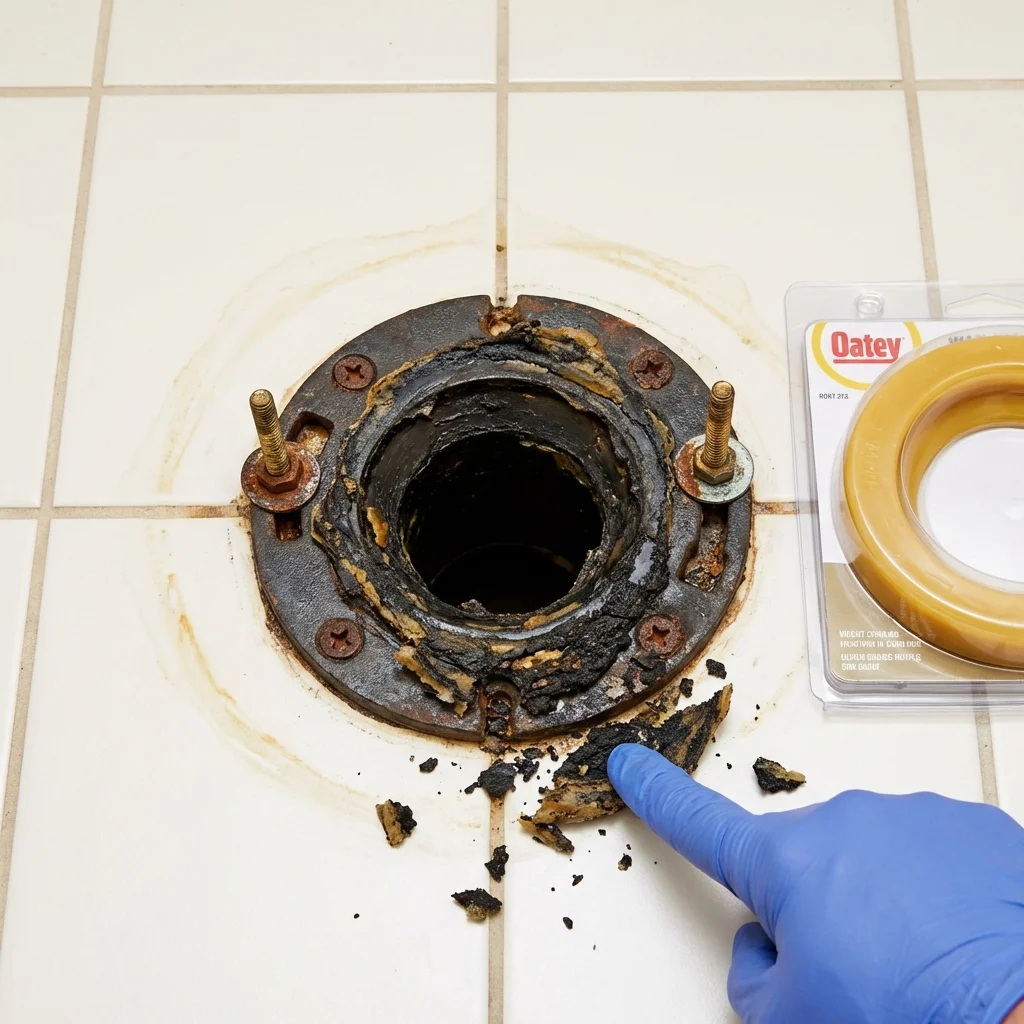 Failed wax ring showing water seepage at the base of a toilet in a Howard City, MI home