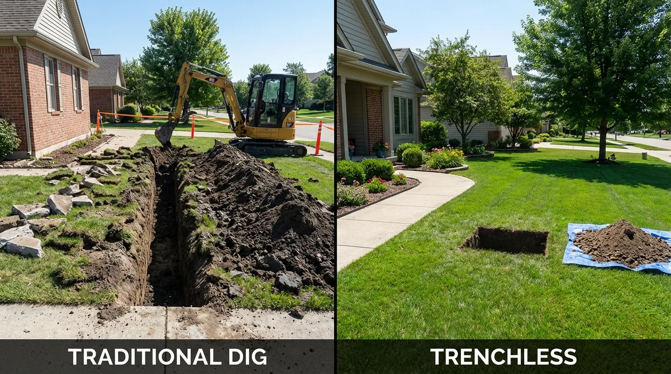 Trenchless sewer repair with minimal yard damage versus traditional excavation in Howard City, MI