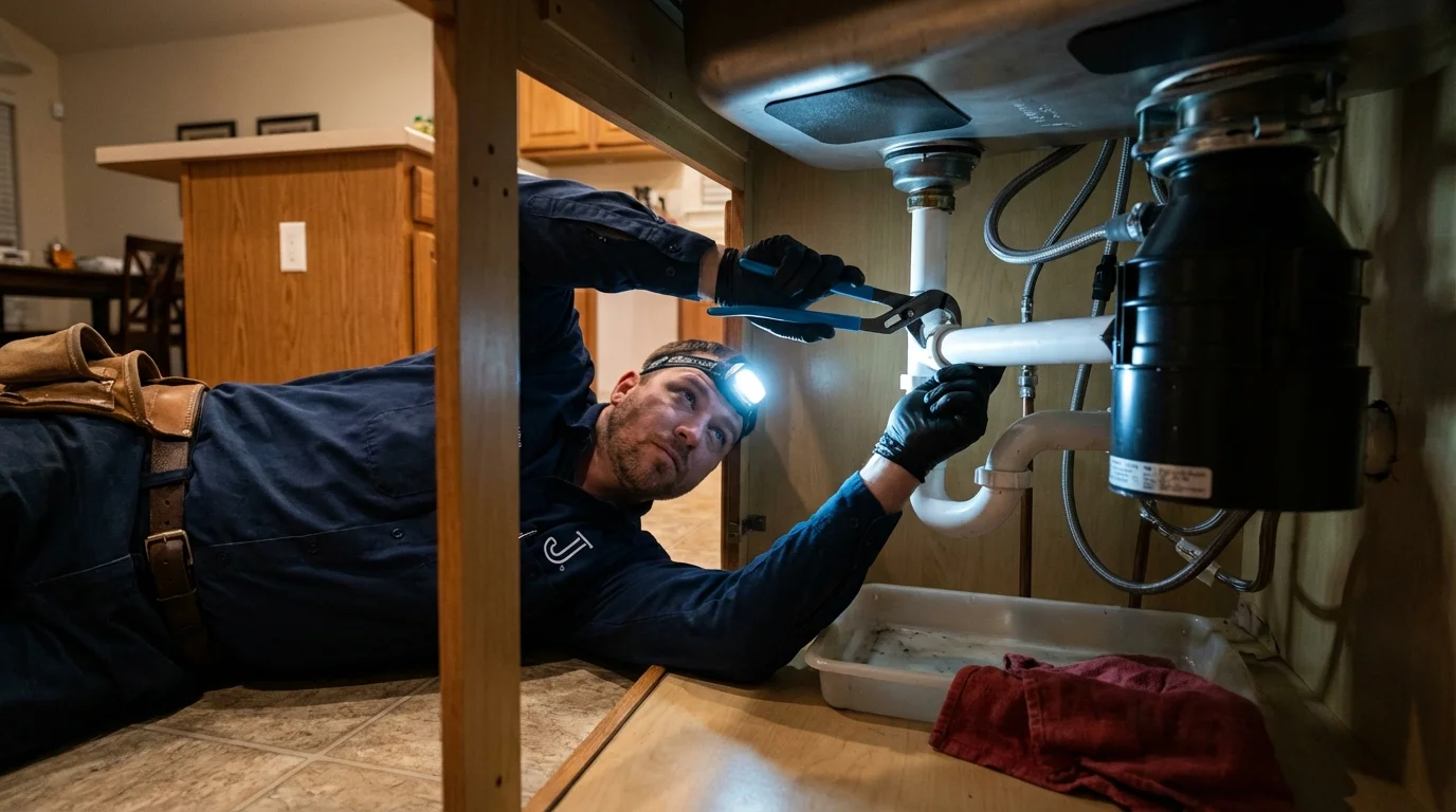 P-trap and supply line connections under a kitchen sink showing a common leak point in Howard City, MI